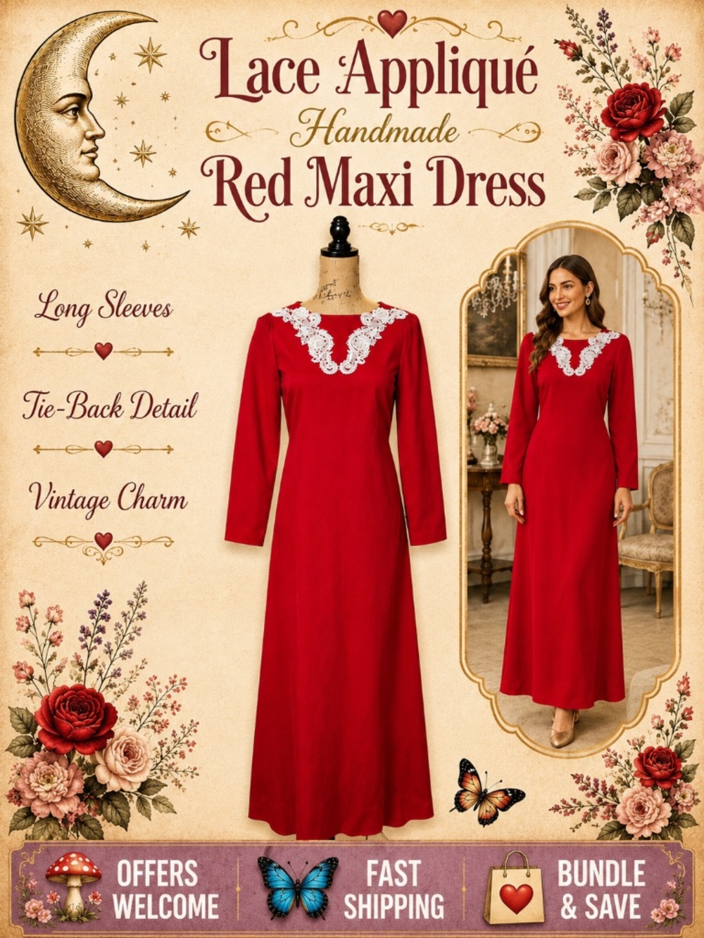 Handmade Red Maxi Dress Lace Appliqué Long Sleeve XXS–XS